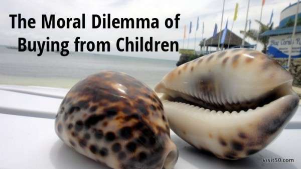 Sea shells on a beach chair in the Philippines . Text overlay: Moral Dilemma of Buying from Children